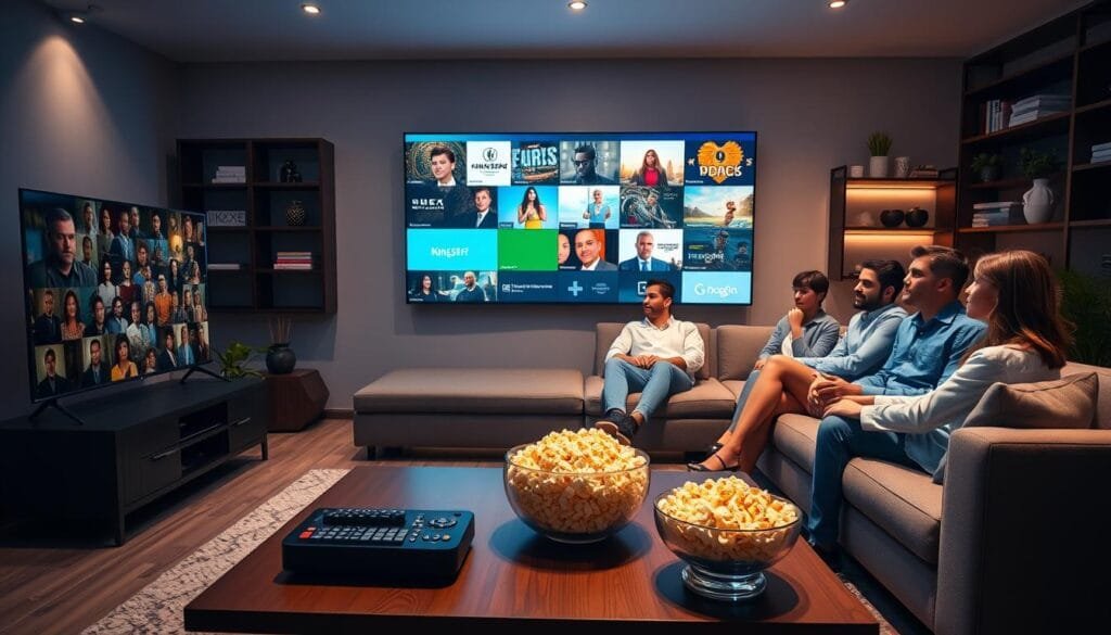 A modern living room setting showcasing a sleek, large flat-screen TV displaying vibrant visuals of KING365FR's IPTV service. In the foreground, a stylish coffee table is adorned with remote controls and a bowl of popcorn, inviting a relaxed viewing atmosphere. In the middle, a comfortable sectional sofa is occupied by a diverse group of people in professional casual attire, engaging with one another and enjoying the content on the screen. Soft, ambient lighting bathes the room, creating a warm and welcoming environment. The background features tasteful decor, including shelves with books and plants. Overall, the image conveys a sense of togetherness and contemporary digital entertainment, perfect for exploring KING365FR's extensive channel offerings. A modern living room setting showcasing a sleek, large flat-screen TV displaying vibrant visuals of KING365FR's IPTV service. In the foreground, a stylish coffee table is adorned with remote controls and a bowl of popcorn, inviting a relaxed viewing atmosphere. In the middle, a comfortable sectional sofa is occupied by a diverse group of people in professional casual attire, engaging with one another and enjoying the content on the screen. Soft, ambient lighting bathes the room, creating a warm and welcoming environment. The background features tasteful decor, including shelves with books and plants. Overall, the image conveys a sense of togetherness and contemporary digital entertainment, perfect for exploring KING365FR's extensive channel offerings.