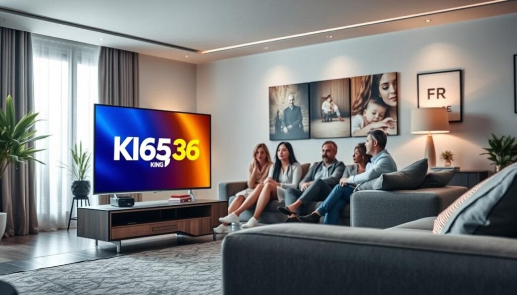 A sleek and modern living room scene showcasing the "365 King TV" in action. In the foreground, a high-resolution smart TV displaying the vibrant logo "KING365FR" engaged in an IPTV streaming interface, highlighting 4K quality. The middle ground features a cozy sofa with a diverse group of individuals in professional casual attire, intently watching the screen, reflecting a family-friendly atmosphere. The background includes a well-decorated room with soft lighting, natural light filtering through a large window, and subtle decorative elements that evoke a sense of comfort and modernity. The mood is inviting and engaging, making viewers feel reassured about choosing "365 King TV" for their digital entertainment needs, with a focus on reliability and support. A sleek and modern living room scene showcasing the "365 King TV" in action. In the foreground, a high-resolution smart TV displaying the vibrant logo "KING365FR" engaged in an IPTV streaming interface, highlighting 4K quality. The middle ground features a cozy sofa with a diverse group of individuals in professional casual attire, intently watching the screen, reflecting a family-friendly atmosphere. The background includes a well-decorated room with soft lighting, natural light filtering through a large window, and subtle decorative elements that evoke a sense of comfort and modernity. The mood is inviting and engaging, making viewers feel reassured about choosing "365 King TV" for their digital entertainment needs, with a focus on reliability and support.