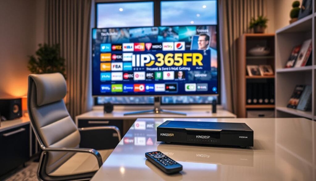 A sleek, modern home office setup captures the essence of "IPTV Premium" service. In the foreground, a stylish, high-resolution television screen displays the KING365FR logo prominently, showcasing a vibrant interface filled with various channels. The middle ground features a comfortable, ergonomic chair and a polished desk with an advanced streaming device and remote control, symbolizing user-friendly technology. In the background, a well-organized bookshelf houses tech magazines and IPTV materials, enhancing the professional atmosphere. Soft, ambient lighting creates a warm and inviting mood, while a window reveals a cityscape at dusk, hinting at connectivity and modern living. The entire scene reflects reliability, innovation, and the premium nature of the KING365FR IPTV service. A sleek, modern home office setup captures the essence of "IPTV Premium" service. In the foreground, a stylish, high-resolution television screen displays the KING365FR logo prominently, showcasing a vibrant interface filled with various channels. The middle ground features a comfortable, ergonomic chair and a polished desk with an advanced streaming device and remote control, symbolizing user-friendly technology. In the background, a well-organized bookshelf houses tech magazines and IPTV materials, enhancing the professional atmosphere. Soft, ambient lighting creates a warm and inviting mood, while a window reveals a cityscape at dusk, hinting at connectivity and modern living. The entire scene reflects reliability, innovation, and the premium nature of the KING365FR IPTV service.