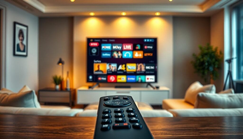 Create an image that represents "KING365FR" as a premium IPTV subscription service. In the foreground, display a sleek, modern remote control prominently, surrounded by colorful icons of popular streaming services, symbolizing variety and choice. In the middle ground, incorporate an elegant television screen showcasing a vibrant menu interface featuring categories such as sports, movies, and series. The background should depict a cozy living room environment with ambient lighting, highlighting a comfortable couch and minimalistic decor, creating an inviting atmosphere. Use warm lighting to evoke a sense of comfort and reliability, emphasizing the professional and reassuring quality of the KING365FR brand. Consider a slightly angled perspective to enhance depth and engagement in the scene. Create an image that represents "KING365FR" as a premium IPTV subscription service. In the foreground, display a sleek, modern remote control prominently, surrounded by colorful icons of popular streaming services, symbolizing variety and choice. In the middle ground, incorporate an elegant television screen showcasing a vibrant menu interface featuring categories such as sports, movies, and series. The background should depict a cozy living room environment with ambient lighting, highlighting a comfortable couch and minimalistic decor, creating an inviting atmosphere. Use warm lighting to evoke a sense of comfort and reliability, emphasizing the professional and reassuring quality of the KING365FR brand. Consider a slightly angled perspective to enhance depth and engagement in the scene.