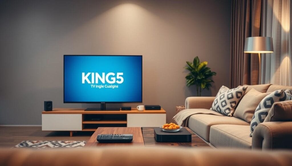 A modern, high-quality IPTV streaming setup displayed in a cozy living room environment. In the foreground, a sleek smart TV showcases the KING365FR logo prominently on the screen, indicating a user-friendly interface. To the right, a comfortable sofa adorned with cushions invites relaxation, while a stylish coffee table features a remote control and snacks. The middle ground highlights a subtle tech ambiance with streaming devices and a decorative plant. In the background, soft lighting casts a warm glow, creating a welcoming atmosphere. The perspective is slightly elevated, capturing the entire scene in a balanced composition. The overall mood is reassuring and professional, perfect for illustrating the advantages of choosing KING365FR for IPTV streaming. A modern, high-quality IPTV streaming setup displayed in a cozy living room environment. In the foreground, a sleek smart TV showcases the KING365FR logo prominently on the screen, indicating a user-friendly interface. To the right, a comfortable sofa adorned with cushions invites relaxation, while a stylish coffee table features a remote control and snacks. The middle ground highlights a subtle tech ambiance with streaming devices and a decorative plant. In the background, soft lighting casts a warm glow, creating a welcoming atmosphere. The perspective is slightly elevated, capturing the entire scene in a balanced composition. The overall mood is reassuring and professional, perfect for illustrating the advantages of choosing KING365FR for IPTV streaming.