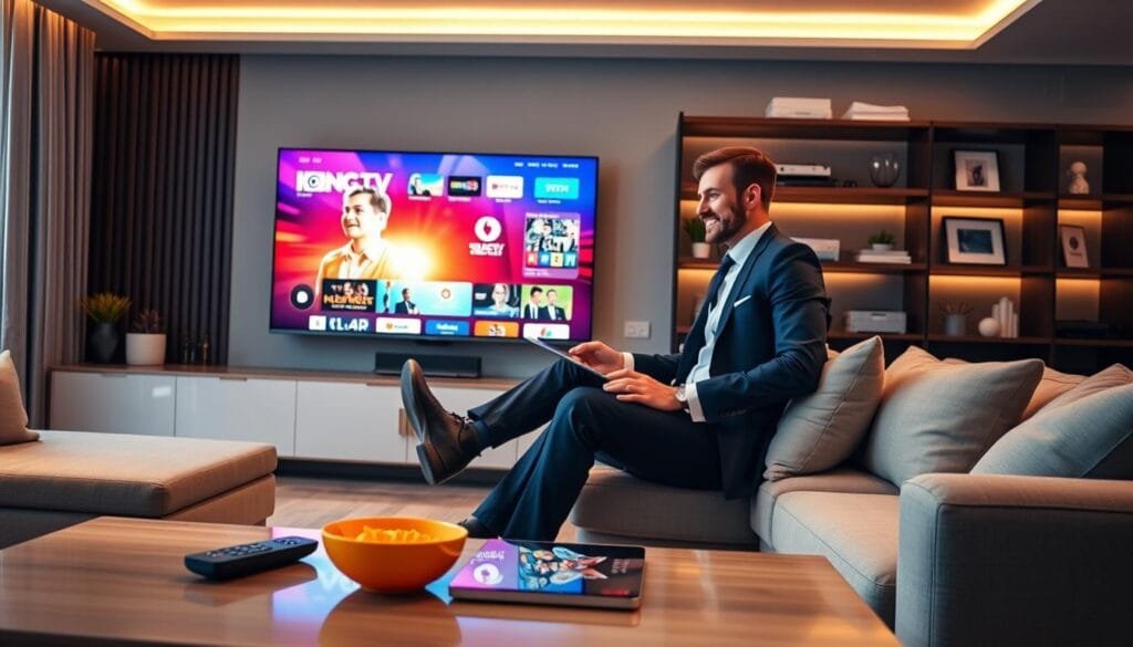 A modern, sleek living room setting featuring a high-definition television showcasing vibrant IPTV channels. In the foreground, a stylish coffee table adorned with a remote, a tablet, and a brightly colored snack bowl. Soft, ambient lighting casts a warm glow across the room, highlighting comfortable furniture with plush cushions. The middle ground includes a cozy sofa where a professional-looking individual in business attire is engaged with the IPTV interface on screen, depicting excitement and satisfaction. The background reveals a neatly organized shelf with media items and decor, emphasizing a tech-savvy lifestyle. Overall, the composition conveys a sense of modern sophistication, illustrating the appeal of "IPTV Premium" by KING365FR. Comment payer l'abonnement sur le site King365