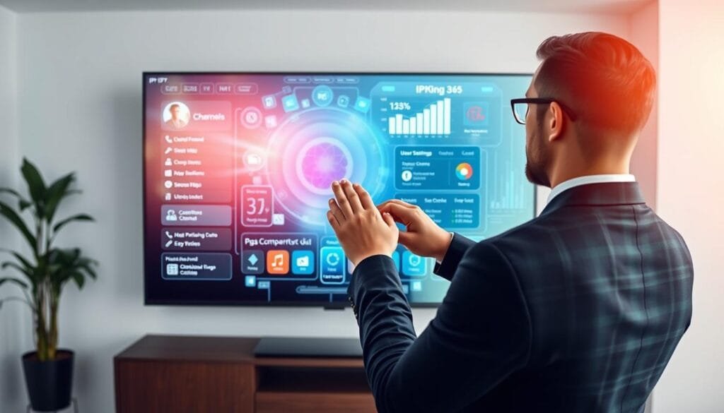 A sleek digital workspace reflecting the essence of "KING365FR," showcasing an IPTV client interface on a modern touchscreen display. In the foreground, a well-dressed professional in a tailored suit is analyzing the user-friendly app, highlighting its features like channel selection and user settings. The middle ground features a vibrant, futuristic holographic interface with icons and graphs representing IPTV statistics, radiating a high-tech vibe. In the background, a bright, contemporary office environment with soft white lighting enhances the focus on the digital display, creating an inviting atmosphere. The mood is professional and reassuring, symbolizing trust in King TV 365’s premium service and client analysis. A sleek digital workspace reflecting the essence of "KING365FR," showcasing an IPTV client interface on a modern touchscreen display. In the foreground, a well-dressed professional in a tailored suit is analyzing the user-friendly app, highlighting its features like channel selection and user settings. The middle ground features a vibrant, futuristic holographic interface with icons and graphs representing IPTV statistics, radiating a high-tech vibe. In the background, a bright, contemporary office environment with soft white lighting enhances the focus on the digital display, creating an inviting atmosphere. The mood is professional and reassuring, symbolizing trust in King TV 365’s premium service and client analysis.