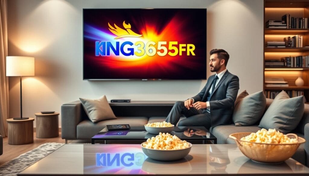 A sleek, modern living room showcasing a high-definition flat-screen TV displaying the logo "KING365FR" in vibrant colors, symbolizing IPTV Premium services. In the foreground, a stylish coffee table is adorned with a remote control and a bowl of popcorn, inviting relaxation. The middle ground features a plush sofa with cushions, where a professional-looking person in business attire is casually browsing IPTV options on the TV, exuding expertise and assurance. The background reveals a softly lit room with bookshelves and warm lighting, creating a cozy atmosphere. The overall mood is professional yet welcoming, emphasizing the rise of IPTV Premium with King365fr. Use soft, even lighting to enhance the inviting ambiance, and frame the scene from a slightly elevated angle to capture the depth of the room. A sleek, modern living room showcasing a high-definition flat-screen TV displaying the logo "KING365FR" in vibrant colors, symbolizing IPTV Premium services. In the foreground, a stylish coffee table is adorned with a remote control and a bowl of popcorn, inviting relaxation. The middle ground features a plush sofa with cushions, where a professional-looking person in business attire is casually browsing IPTV options on the TV, exuding expertise and assurance. The background reveals a softly lit room with bookshelves and warm lighting, creating a cozy atmosphere. The overall mood is professional yet welcoming, emphasizing the rise of IPTV Premium with King365fr. Use soft, even lighting to enhance the inviting ambiance, and frame the scene from a slightly elevated angle to capture the depth of the room.