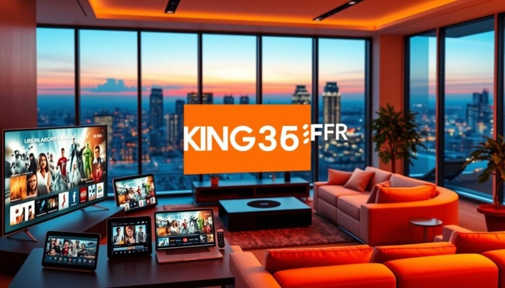 A vibrant digital illustration depicting a modern streaming interface showcasing the brand name "KING365FR" in a sleek, futuristic design. In the foreground, various streaming devices such as smart TVs, tablets, and smartphones display diverse IPTV content like movies, sports, and documentaries. The middle ground features a stylish entertainment room, featuring comfortable seating and ambient lighting that highlights the excitement of streaming. The background shows a cityscape at dusk through large windows, with glowing lights creating a dynamic atmosphere. Use warm and inviting colors to evoke a sense of comfort and accessibility in streaming. The image should be well-lit, using a soft-focus lens to create a professional yet engaging ambiance, ideal for an article about the streaming world with 365king. A vibrant digital illustration depicting a modern streaming interface showcasing the brand name "KING365FR" in a sleek, futuristic design. In the foreground, various streaming devices such as smart TVs, tablets, and smartphones display diverse IPTV content like movies, sports, and documentaries. The middle ground features a stylish entertainment room, featuring comfortable seating and ambient lighting that highlights the excitement of streaming. The background shows a cityscape at dusk through large windows, with glowing lights creating a dynamic atmosphere. Use warm and inviting colors to evoke a sense of comfort and accessibility in streaming. The image should be well-lit, using a soft-focus lens to create a professional yet engaging ambiance, ideal for an article about the streaming world with 365king.